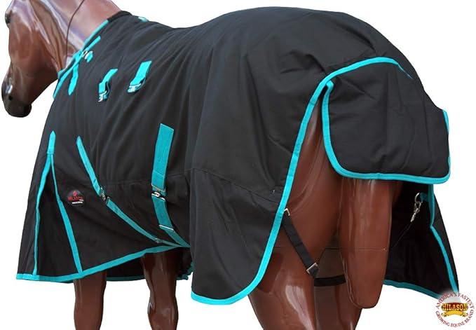HILASON Black with Turquoise Trims 76 inch 1200D Winter Waterproof Poly Horse Turnout Blanket Belly Wrap
