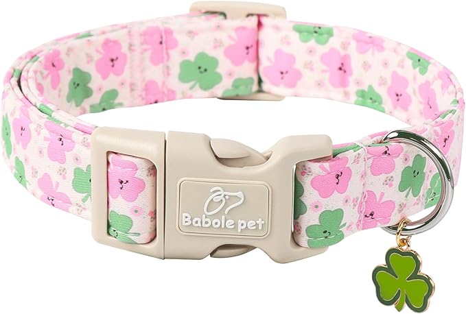 St Patricks Day Dog Collar for Medium Dogs - Cute Light Pink Shamrock Girl Dog Collars, Adjustable Irish Clover Puppy Collar with Quick Release Buckle M