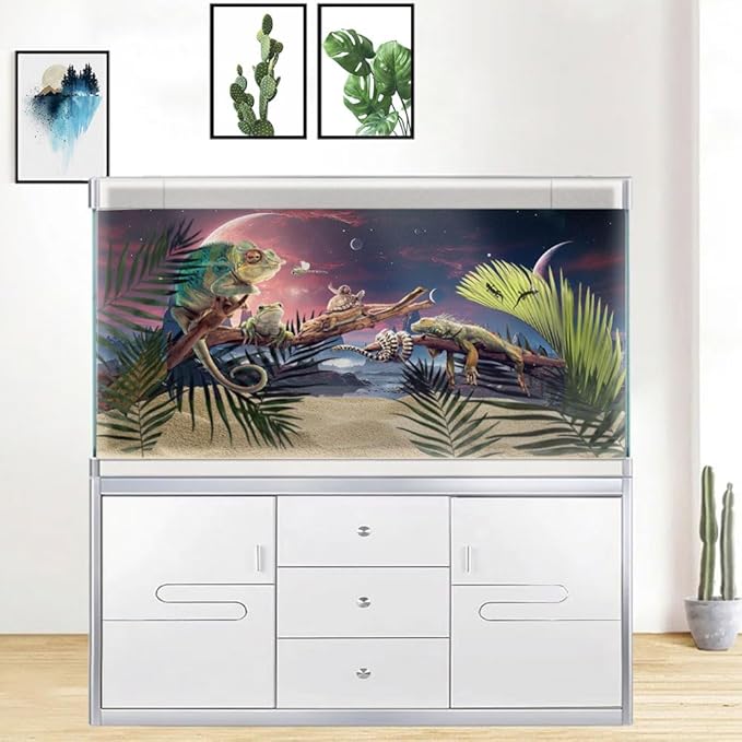 48X20IN Cosmic Spaceterrarium Background, Cool Parallel Space Themed Aquarium Reptile Habitat Background, Red Moon Aquarium Background with 10EVA Double-Sided Tape
