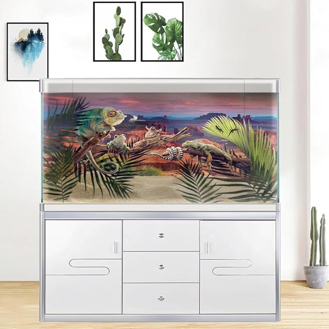 36X24IN Desert Loess Rock Cactus Oasis Reptile Habitat Background, Natural Sunset Desert Themed Terrarium Background, Aquarium Background with 10 EVA Double-Sided Tape