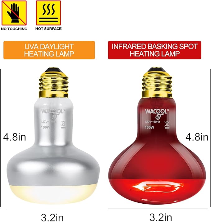 WACOOL 4Pack Reptile Heat Lamp Day & Night Kit 100W, Nature Simulated Basking Daylight & Nightlight UVA Heat Lamp Bulbs for Reptiles & Amphibians