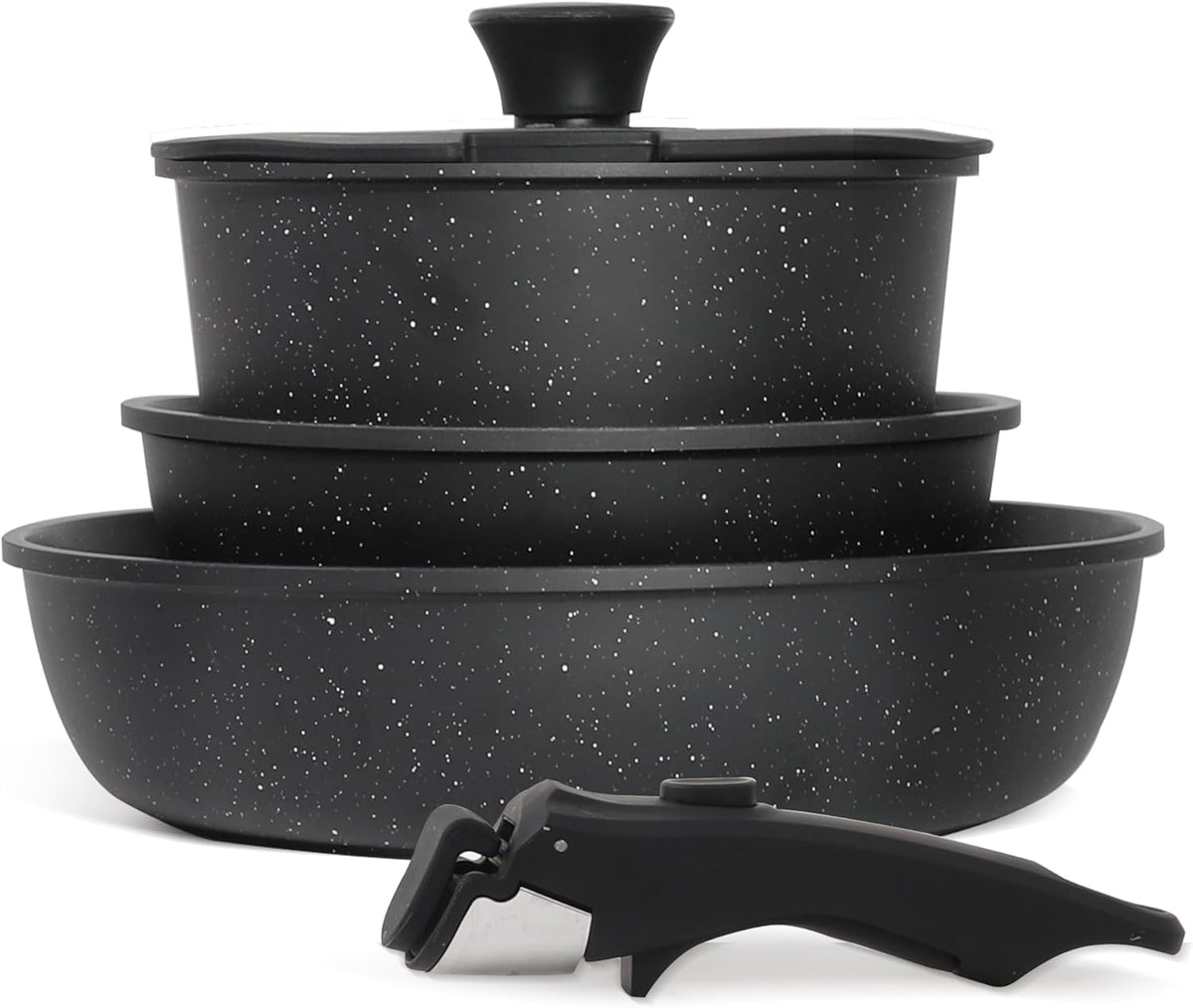 5PCS Pots and Pans Set Non Stick, Kitchen Cookware Sets with Detachable Handle, Induction Cookware Sets, Non Stick RV Cookware Cooking Set, Dishwasher ＆ Oven Safe, PFOA Free, Cream White