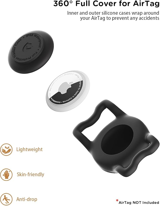 IP68 Waterpoof Dog Airtag Holder, Stretchy Silicone Full Body Covered Apple Air Tag Holder for Dog Cat Collar Fit All Width Collar (4* Black, 4 Pack)