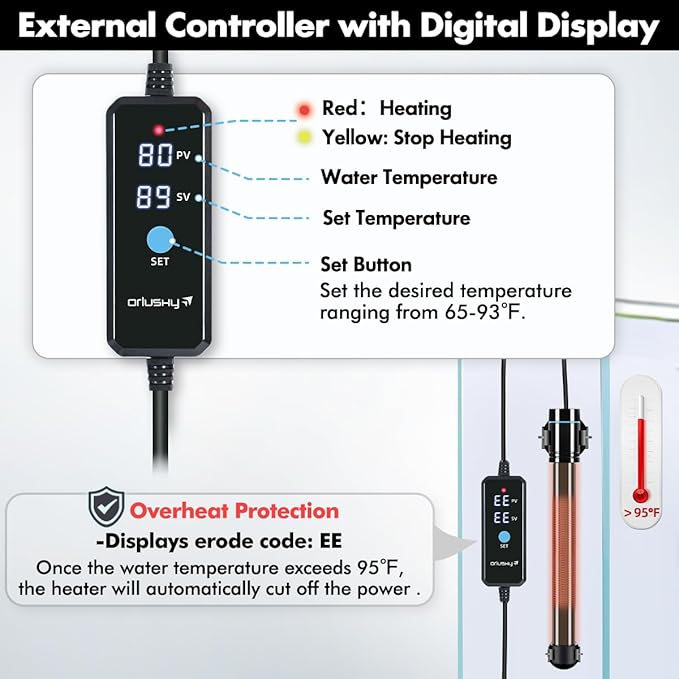 Orlushy 200W Submersible Aquarium Heater, Adjustable Fish Tank Heater with Digital Display External Controller, Overheat Protection and Free Thermometer for 20-40 Gallons Freshwater and Saltwater Tank