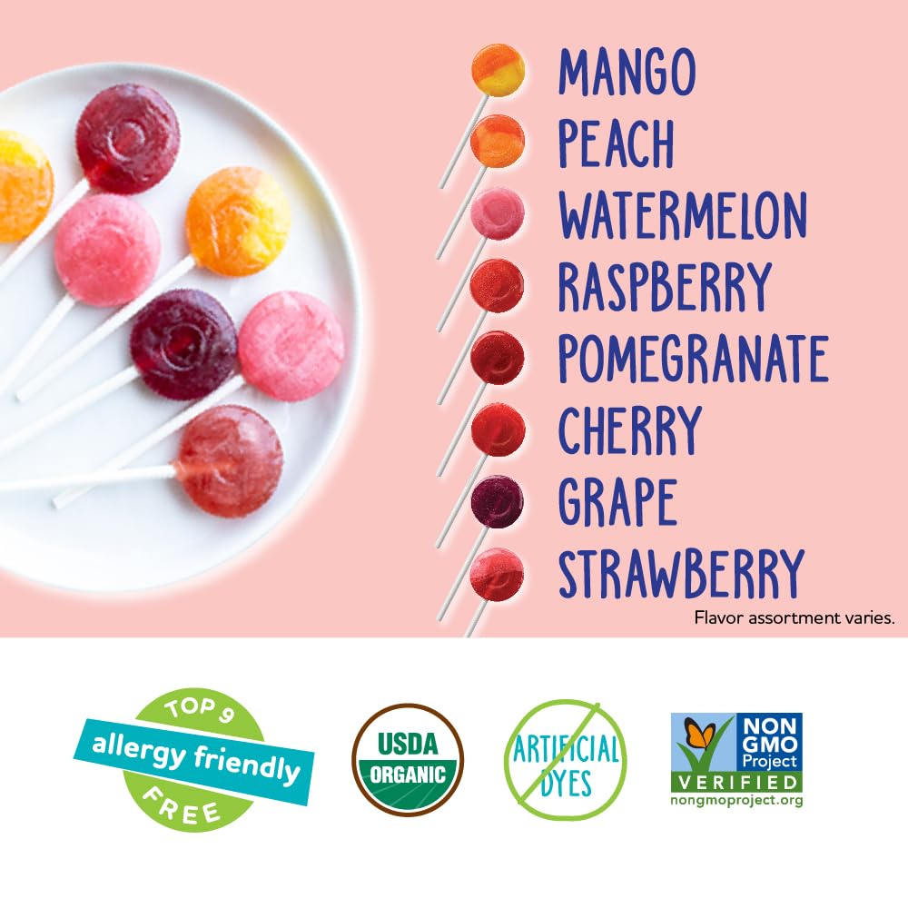 yumearth organic pops variety pack, 60 fruit flavored lollipops, allergy friendly, gluten free, non-gmo, vegan, no artificial dyes