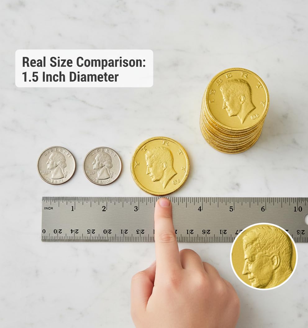 Large Chocolate Gold Coins, 32-Pack, Milk Chocolate Candy, 1.5 Inch Half Dollar Size, Gold Foil, Individually Wrapped Party Favors For Holidays, Candy Buffets, Goodie Bags, Treasure & Easter Hunts