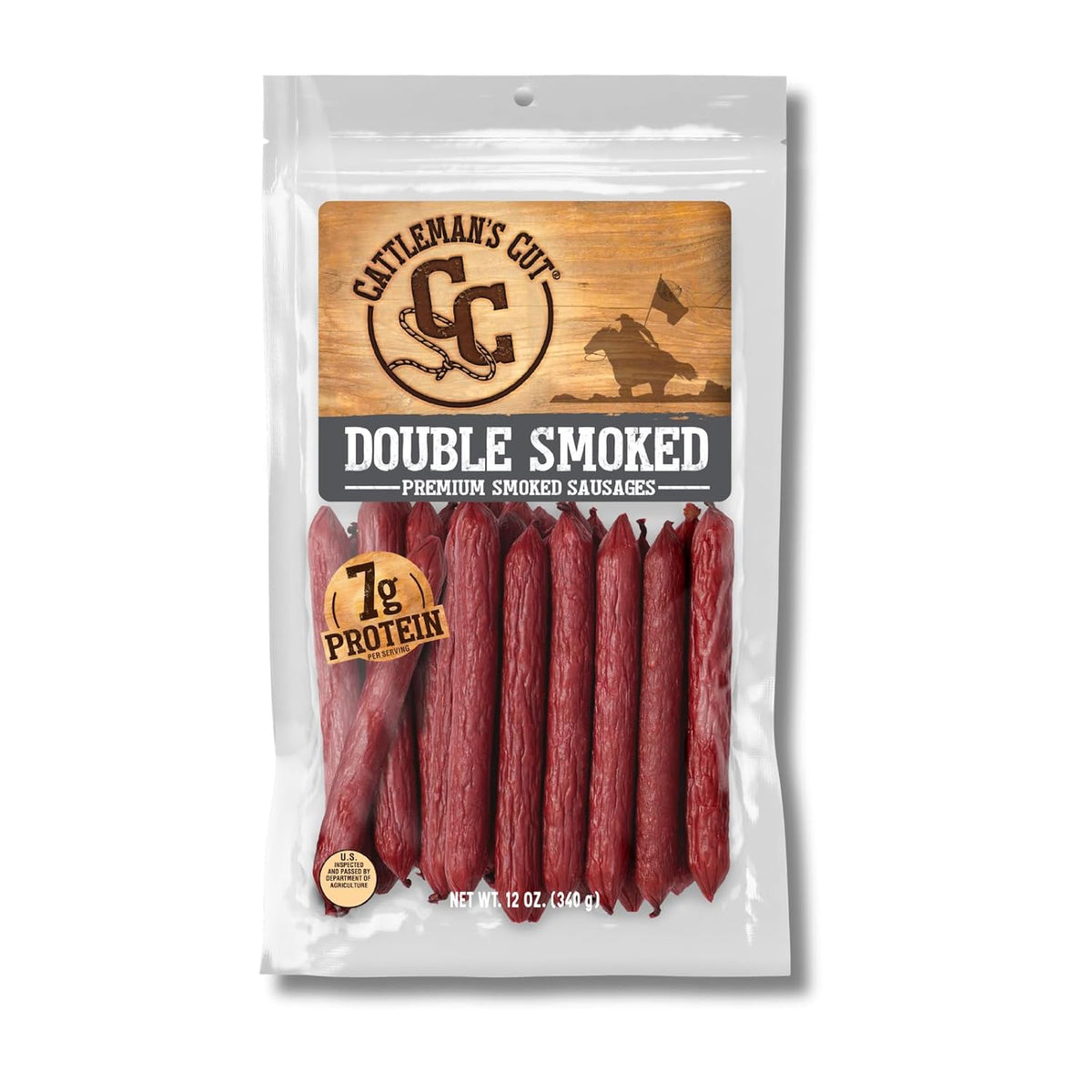Cattleman's Cut Double Smoked Sausages Meat Sticks, Premium Protein Snacks, Keto Friendly, Gluten Free, Carnivore Travel Snack, Resealable Bag, 12 Ounce