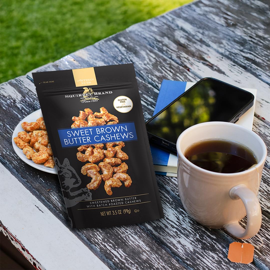 Squirrel Brand Sweet Brown Butter Cashews, 3.5 oz Resealable Bag, Gourmet Flavored Cashews Nuts, Gluten Free, Vegetarian
