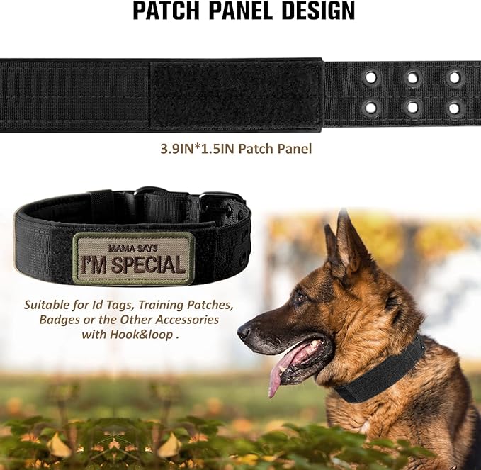 Tactical Dog Collar Military Adjustable Dog Collars Soft Nylon Training Collar with Patch Heavy Duty Metal Buckle Collars for Medium Large Dogs (Black-1, M)