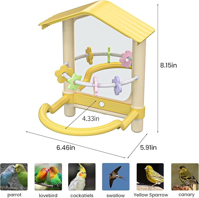 8.1 Inch Pet Bird Mirror with Perch Stand and Parakeet Chew Toys,Parrot Toys Bird Cage Decorative Accessory, Helps Birds Release Stress for Canaries Budgies Lovebirds Conures Cockatiels (Yellow)