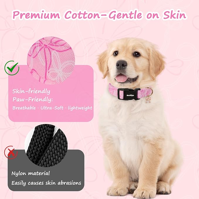 Medium Dog Collar, Girl Boy Dog Collars with Bow Pattern, Adjustable Cotton Pink Dog Collar for Puppy, Cute Holiday Collars for Dogs, Ideal for Gifts,Pet Accessory,Daily Walk-M
