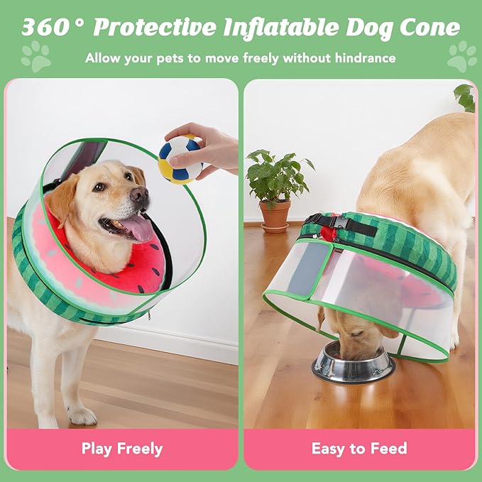 Inflatable Dog Cone with Anti-Licking Clear Shield, Protective Dog Donut Collar After Surgery, Adjustable Soft Recovery Cone for Pets, Alternative Collar with Buckle Strap (Watermelon, L)