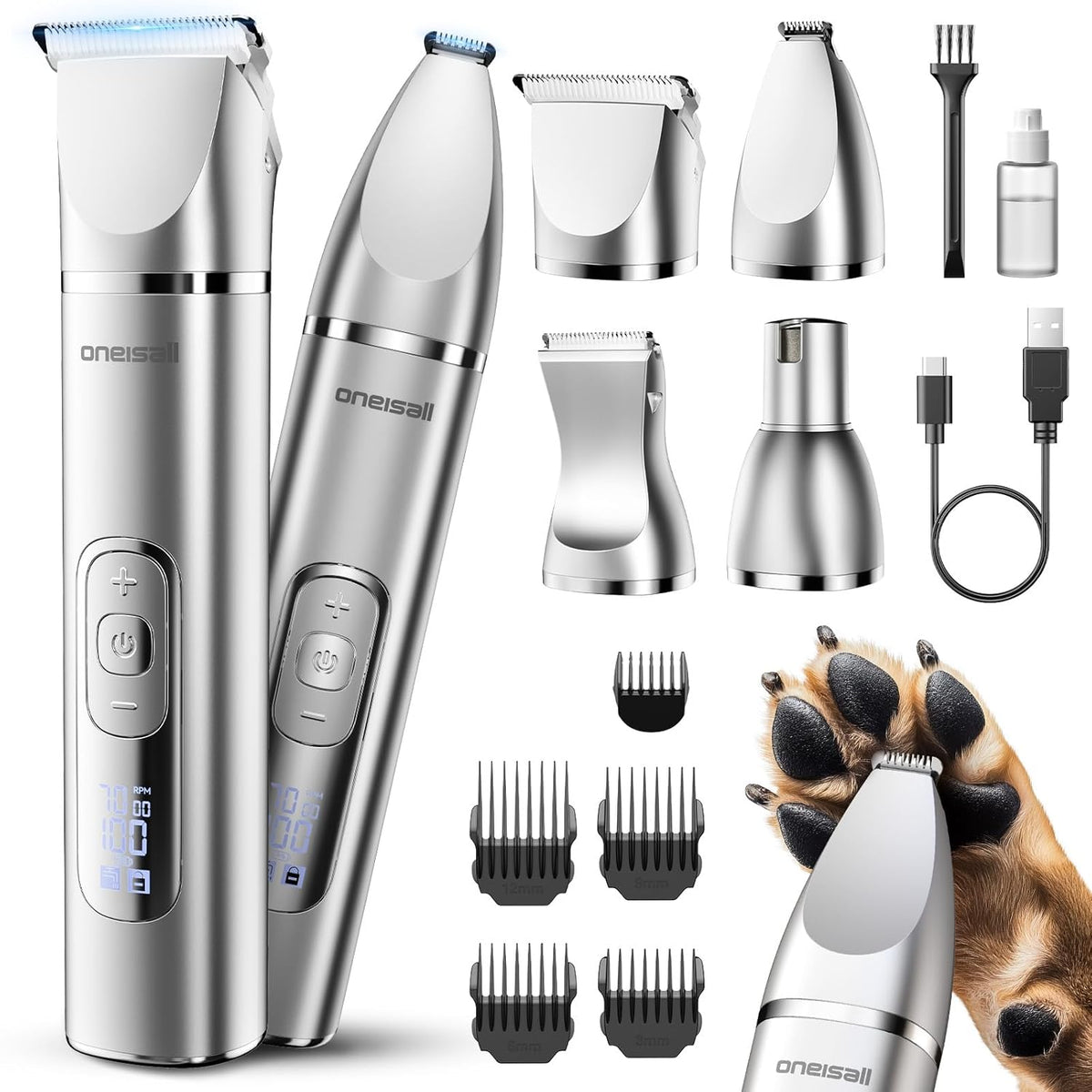 oneisall 4 in 1 Dog Grooming Kit with LCD Display, Dog Hair Trimmer for Paw Nail Grinder, Rechargeable Cordless Low Noise IPX7 Waterproof Pet Clippers