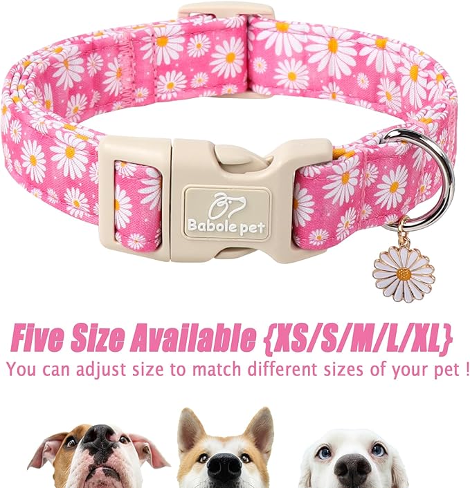 Summer Daisy Dog Collar, Cute Floral Adjustable Pink Dog Collars for Large Dogs, Lightweight Quick-Release Buckle Collar for Boy&Girl Dogs L