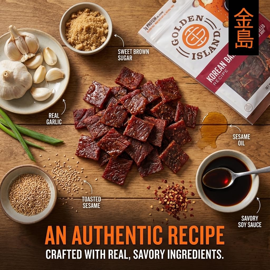 Golden Island Korean BBQ Pork Jerky - (2 Pack) 9 oz Resealable Bag - Fire-Grilled Specialty Meat Snack - Sweet & Savory Protein Snack - 7g Protein per Serving - Made with 100% All-Natural Pork