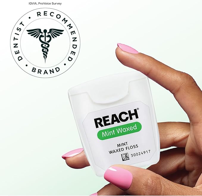 REACH Waxed Dental Floss, Mint, Plaque Remover for Teeth, Shred Resistant, Floss Slides Smoothly, Easy to Use, Waxed, Deep Cleaning Teeth, Oral Care, PFAS Free, for Adults & Kids, 1 Pack, 55 yd