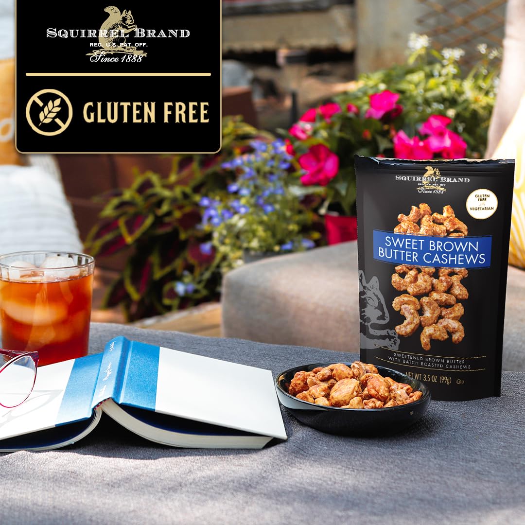 Squirrel Brand Sweet Brown Butter Cashews, 3.5 oz Resealable Bag, Gourmet Flavored Cashews Nuts, Gluten Free, Vegetarian
