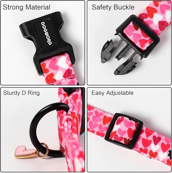 DOGWONG Valentine Dog Collar, Pink Heart Dog Collar, Girl Female Dog Collars with Strong Plastic Buckle for Small Medium Dogs,S