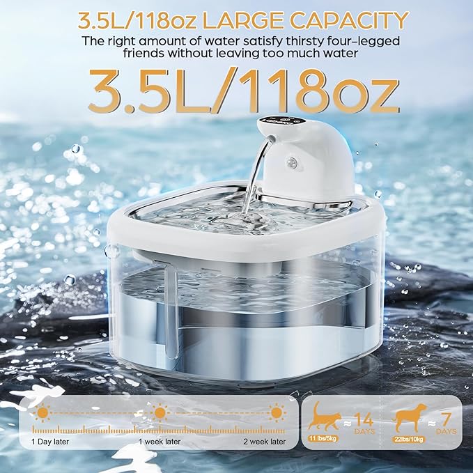 Wireless Cat Water Fountain, 118oz/3.5L Battery Operated Cat Fountain with Stainless Steel Tray, Ultra Quiet with Motion Sensor Automatic Pet Water Dispenser (White, Medium)