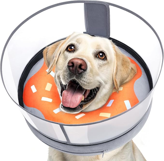 Inflatable Dog Cone with Transparent Shield, Protective Dog Donut Collar After Surgery to Stop Licking, Soft Donut Cone for Medium Plus Pets, Adjustable Recovery Collar with Buckle Visibility