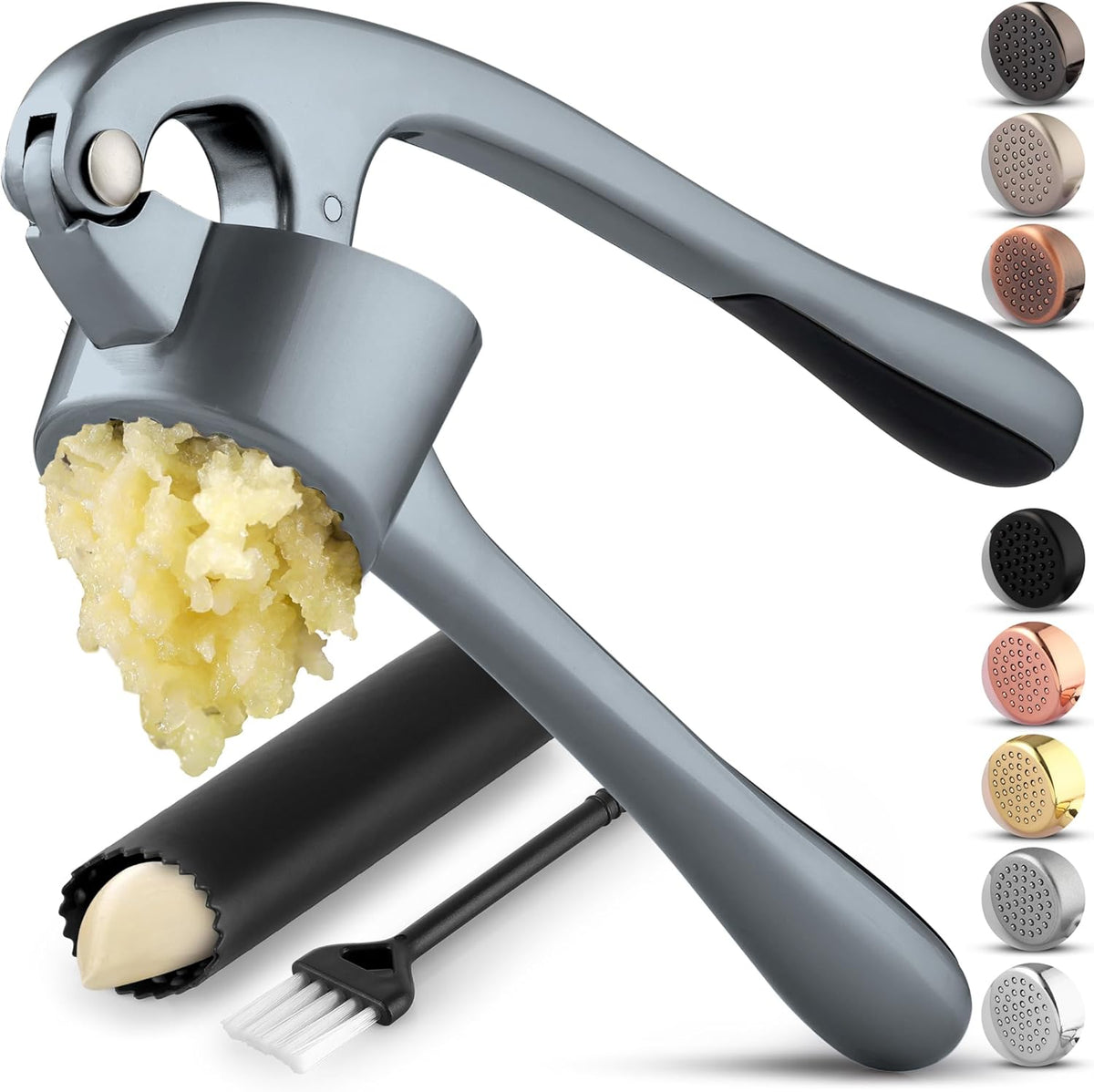Zulay Kitchen Premium Garlic Press Set - Rust Proof Professional Garlic Mincer Tool - Easy-Squeeze, Easy-Clean with Soft, Ergonomic Handle - Silicone Garlic Peeler & Brush (Silver)