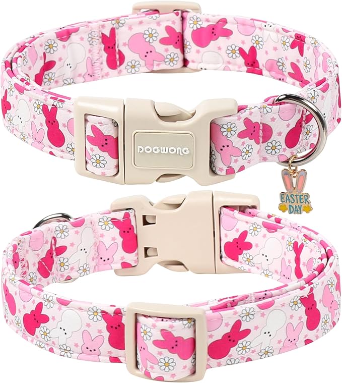 DOGWONG Easter Dog Collar, Cute Easter Pink Bunny Pet Collar Durable Holiday Girl Boy Adjustable Cotton Dog Collars for Small Medium Dogs,M Visit The Elegant Little Tail Store