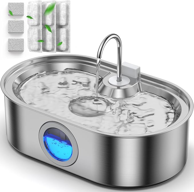 3.4Gal Dog Water Fountain for Large Dogs, 13L Stainless Steel Large Pet Fountain with Deeper & Wider Drinking Area, Automatic Dog Water Bowl Dispenser with Water Window (with 3 Filters)