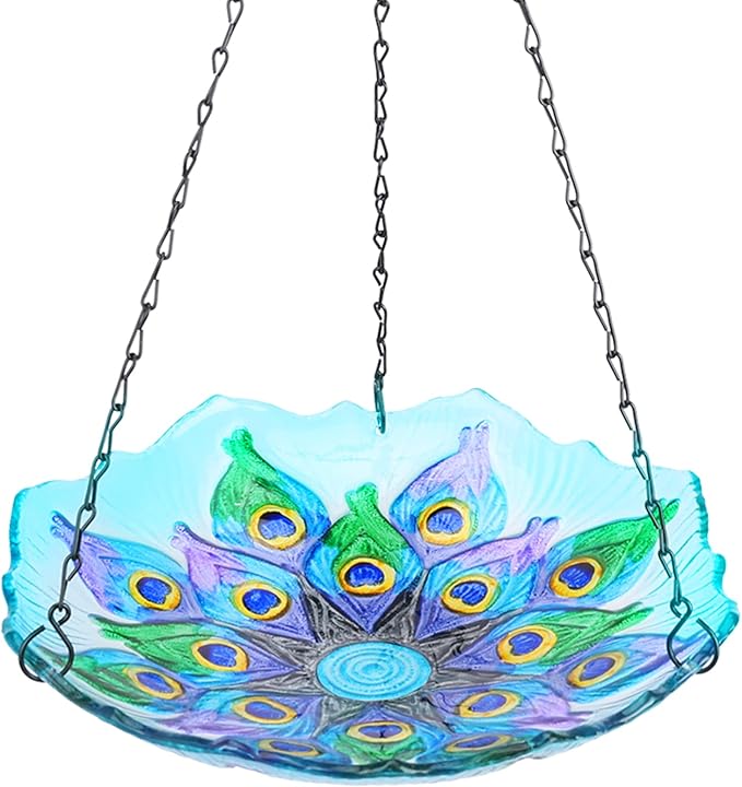 MUMTOP Hanging Bird Bath - Bird Baths for Outdoors, Peacock Glass BirdBath Outdoor Birdfeeders for Garden and Patio Decor