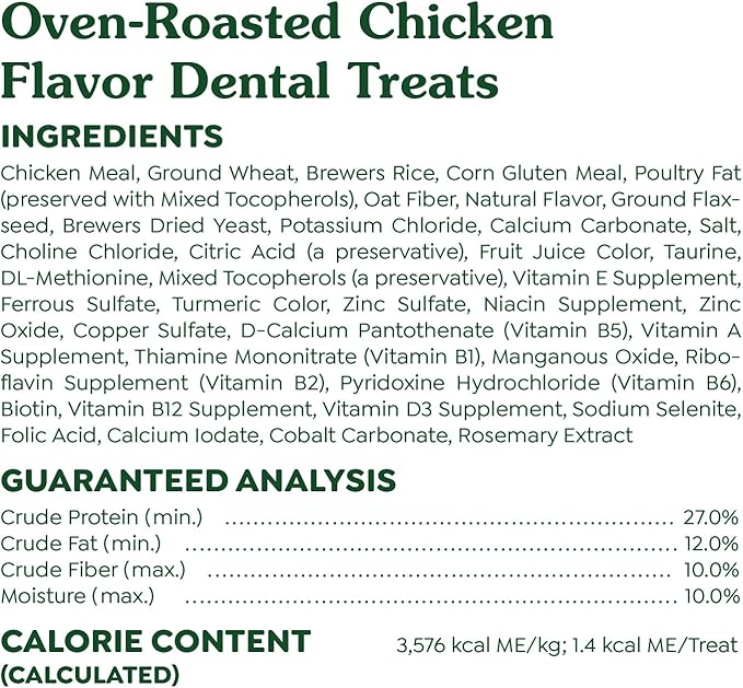 Greenies Feline Adult Dental Cat Treats, Oven Roasted Chicken Flavor, 21 oz. Tub