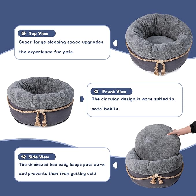 pesen Cat Bed & Small Dog Bed with Supportive Walls, Thick Bottom, Calming Donut Shape, Soft Durable Fabric, 20x20x10 Cat Beds for Indoor Cats