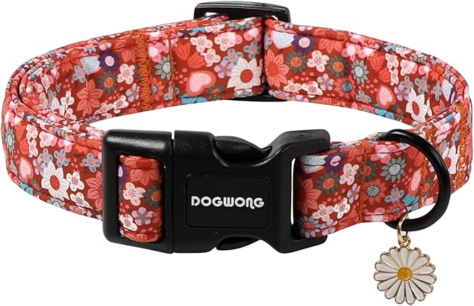 DOGWONG Red Flower Dog Collar, Cute Adjustable Floral Collar, Girl Female Dog Collar with Strong Plastic Buckle for Small Medium Large Dogs,XS