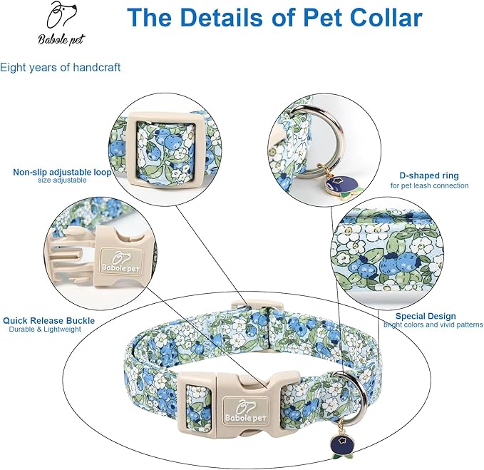 Blueberry Pattern Dog Collar, Cute Light Blue Spring Summer Puppy Collar - Soft Adjustable Designer Dog Collars for Small Medium Large Dogs M