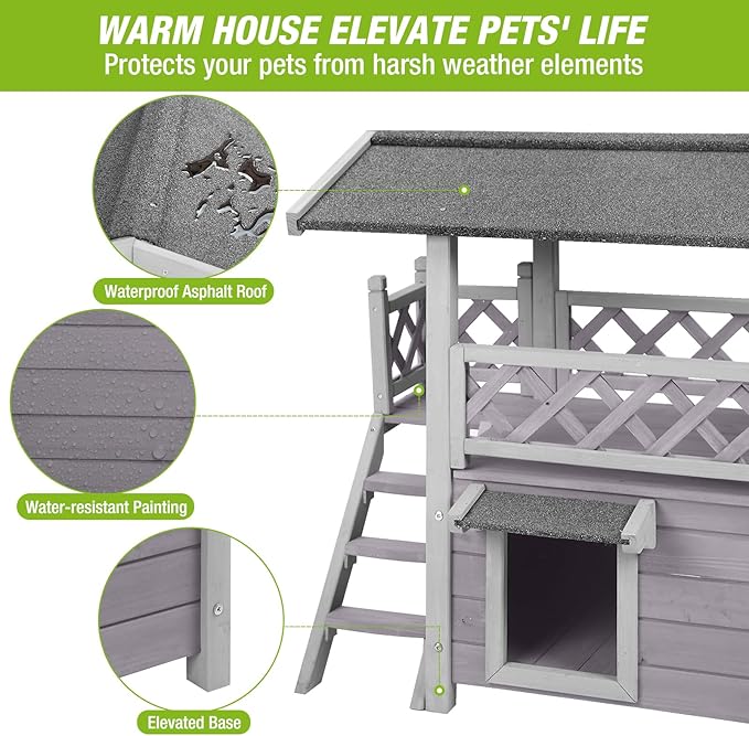 GUTINNEEN Cat House Outdoor Weatheproof Feral Cat Shelter Wooden Cat Condos for Winter Large Balcony（AIR09）