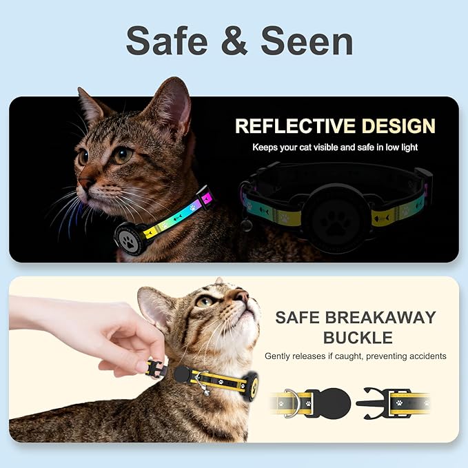 Airtag Cat Collar Breakaway, Reflective Cat Collar with AirTag Holder and Bell, Compatible with Apple Air Tag, Comfortable Padding, Adjustable, Durable (Yellow, S)