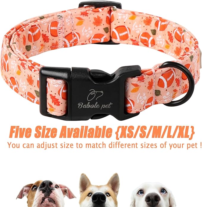 Fall Dog Collar, Cute Football Pattern Puppy Collar, Orange Adjustable Cotton Holiday Tanksgiving Dog Collars for Small Medium Large Boy&Girl Dogs L