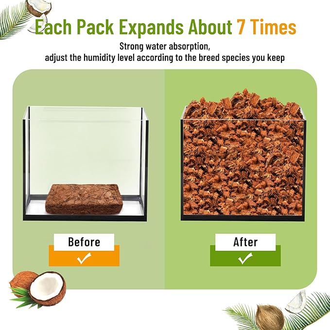 Riare 2 Pack Natural Coconut Chip Substrate for Reptiles- Compressed Coconut Husk Reptiles Bedding, Coco Husk Chip Terrarium Substrate for Snakes, Tortoises, Ball Python, Frogs, Bearded Dragon, Lizard