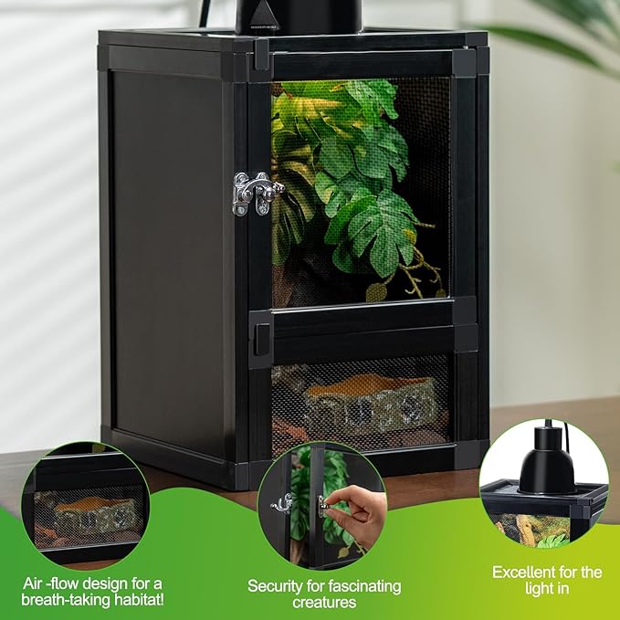 8" x 8" x 12" Small Reptile Cage Hatching Habitat, Screen & Acrylic Doors, Ventilated Terrarium for Lizards, Snakes, Frogs, Easy Assembly, Two Doors