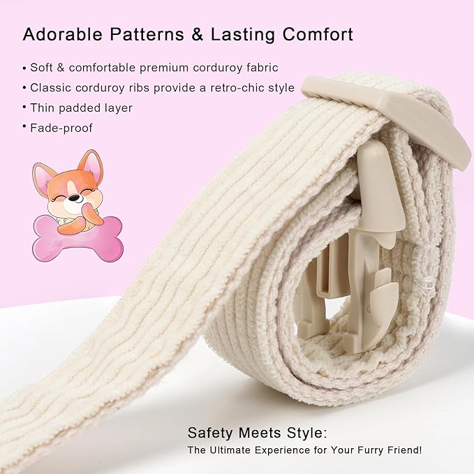 Cute Corduroy Dog Collar - White Adjustable Dog Collars for Small Dogs 10-25lbs, Fade-Proof with Secure Snap & Little Charm, Christmas Birthday Gift, S