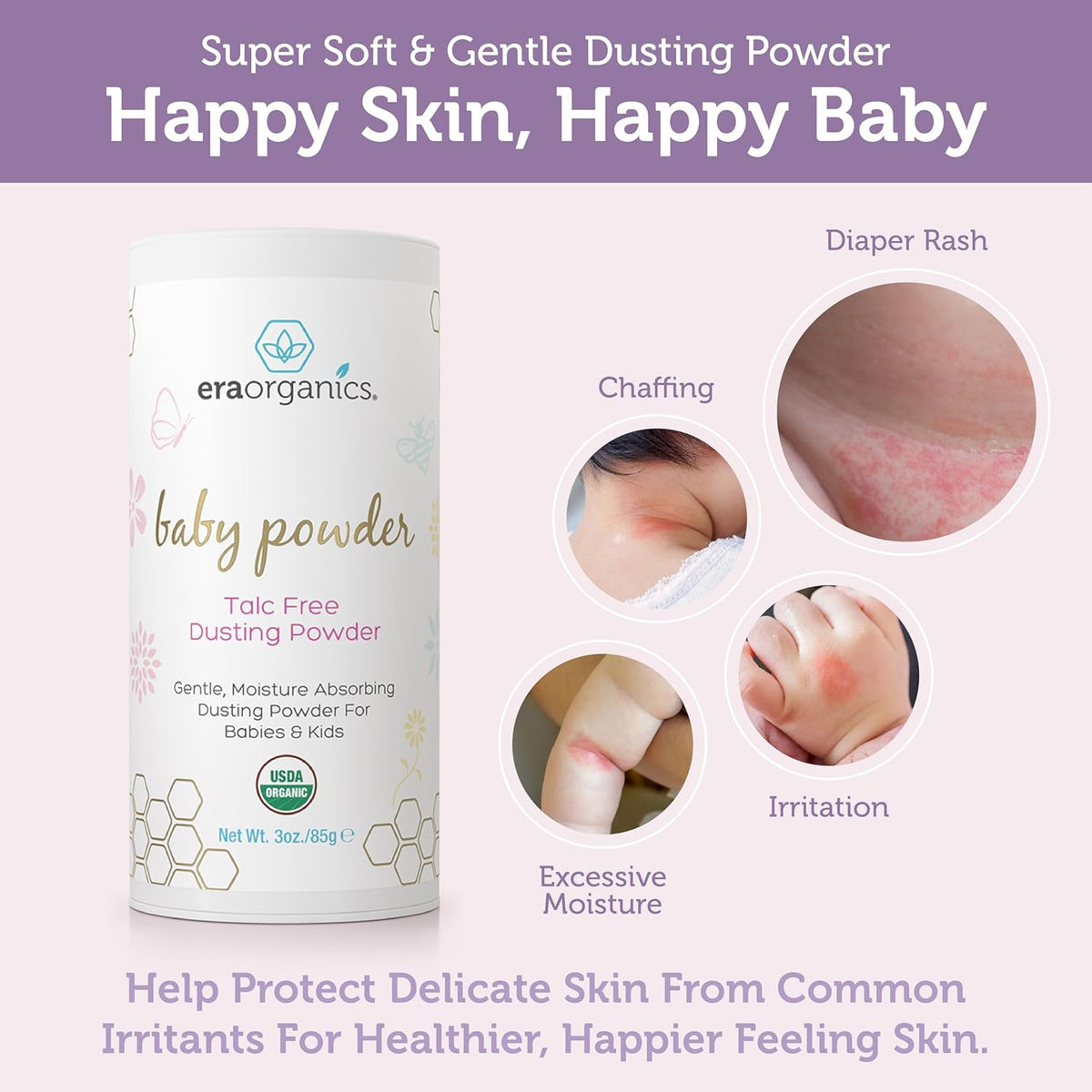 Era Organics Talc-Free Organic Baby Powder - USDA Organic Dusting Powder with Arrowroot, Calendula and Cornstarch for Newborns, Babies or Toddlers - Soothing, Fragrance Free, Made in USA (3oz/85g)