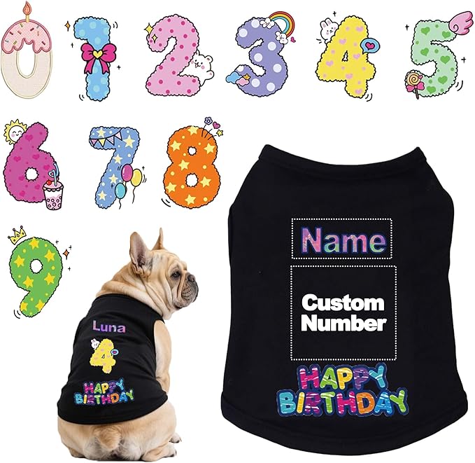 Custom Dog Birthday Shirt,Personalized Pet Apparel Print with Name Age Number,Pet Birthday Outfit,Lightweight Breathable Cotton Vest for Small Medium Large Dogs Cat (Black, 4X-Large)