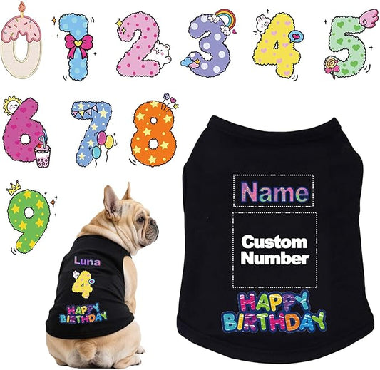 Custom Dog Birthday Shirt,Personalized Pet Apparel Print with Name Age Number,Pet Birthday Outfit,Lightweight Breathable Cotton Vest for Small Medium Large Dogs Cat (Black, 4X-Large)