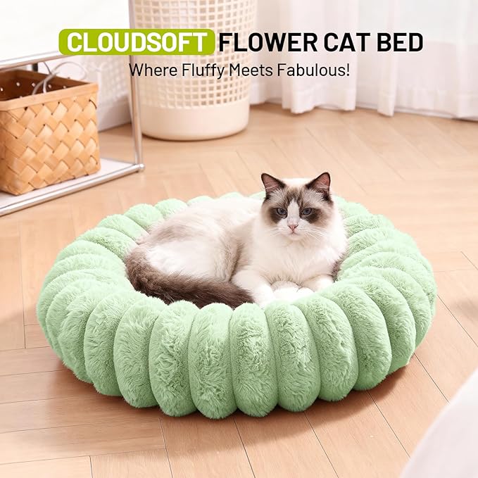 Cloudsoft Flower Cat Bed and Dog Bed, Washable Plush Pet Bed with Non-Slip Water-Resistant Bottom, Faux Furfor Cats & Small Dogs Up to 33 lbs, 29.9"x29.9" (Green)