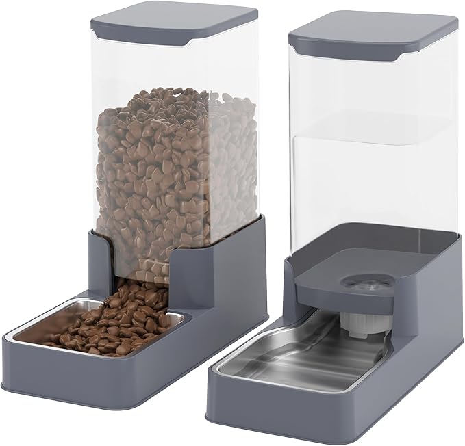 Stainless Steel Cat Feeder and Water Dispenser,Gravity Waterer & Food Feeder Set with Stainless Steel,Large Capacity Pet Food Bowl for Small Medium Dog Pets Puppy Kitten(Grey,1 Gallon)