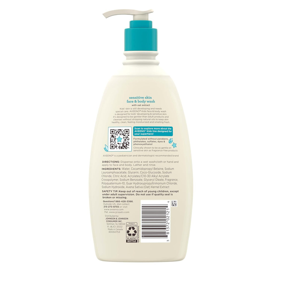 Aveeno Kids Face & Body Wash for Sensitive Skin, Oat Extract, Tear-Free, Non-Drying, Light Scent, Pump Dispenser, Hypoallergenic, Phthalate, Sulfate & Dye Free, 18 fl oz