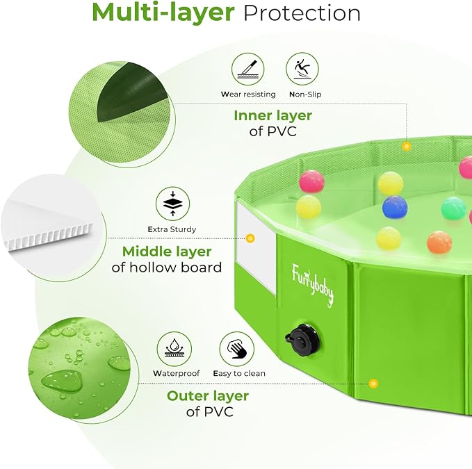 Furrybaby Dog Pool, Foldable Dog Pools for Large Dogs Portable Kiddie Pool Pet Doggie Wading Swimming (Green 63'') Indoor and Outdoor