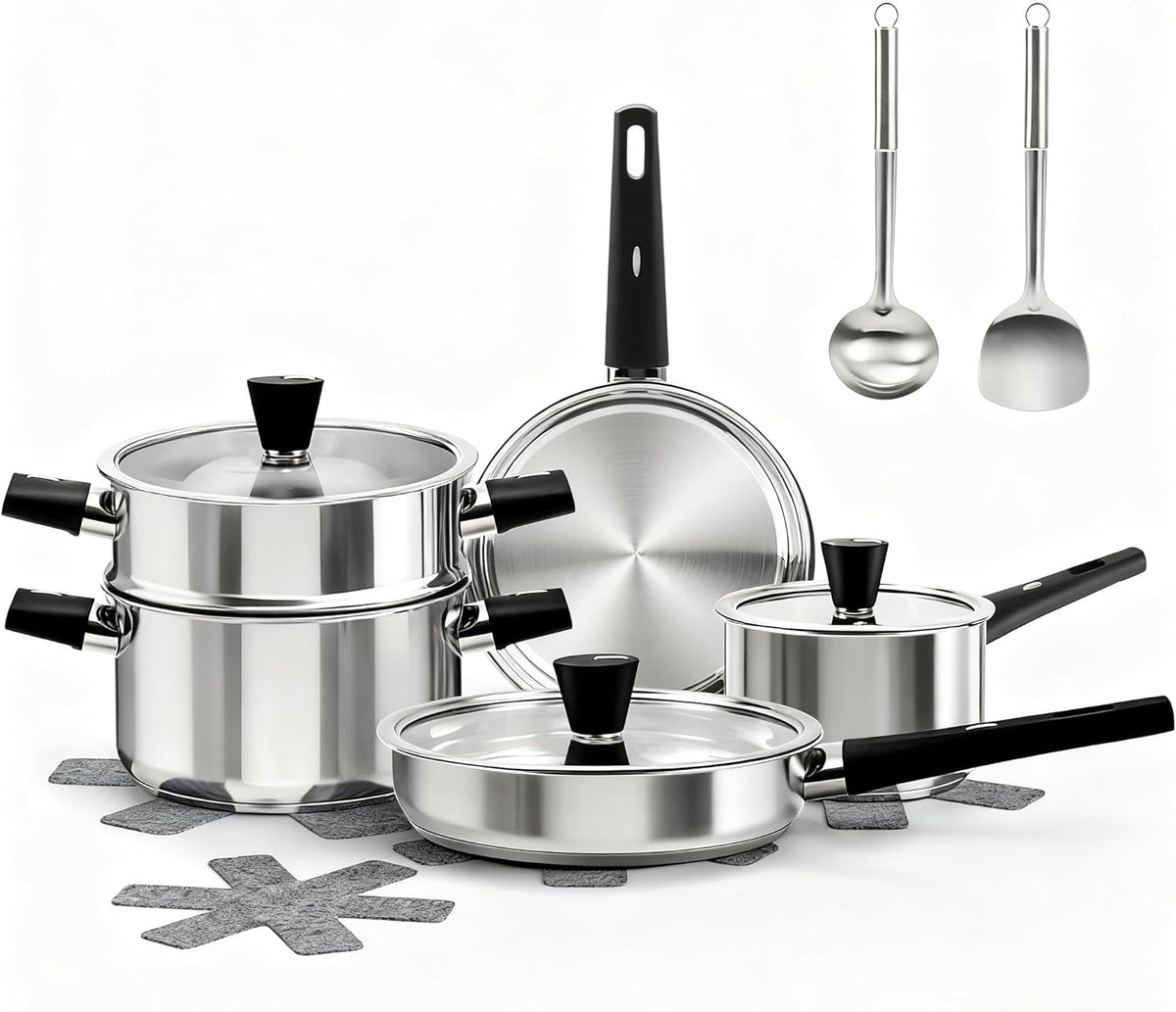 Stainless Steel Pots and Pans Set, 6 Piece Kitchen Induction Cookware Sets with Glass Lids, Works with Induction, Electric and Gas Cooktops, Non Toxic, Oven & Dishwasher Safe