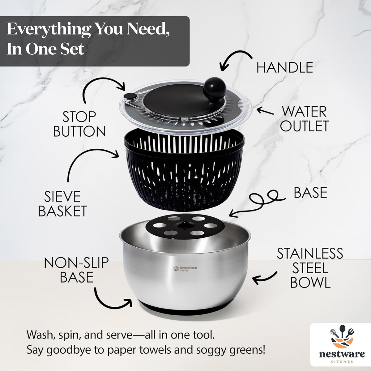 Nestware Kitchen Stainless Steel Salad Spinner, Lettuce, Vegetable & Fruit Dryer, 5L Capacity, Non-Slip Base (304 Stainless Steel - Black)