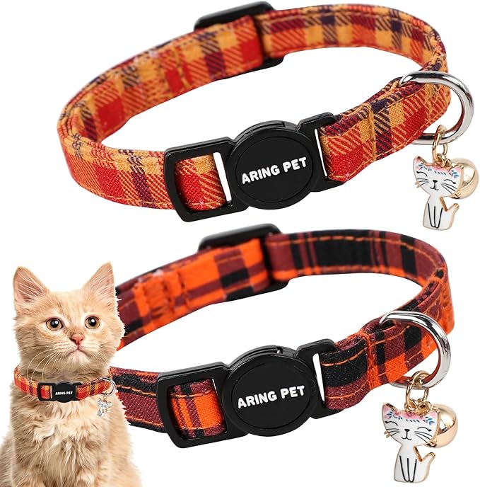 ARING PET 2 Pack Fall Cat Collars-Cute Breakaway Cat Collar with Bell & Pendant, Adjustable Halloween Plaid Kitten Collars with Safety Buckle for Girl and Boy Cats