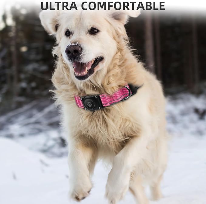 Airtag Dog Collar - 100% Waterproof Air tag Dog Collar Holder for Apple AirTag, Reflective, Soft Padded, Everlasting, GPS Dog Collar for Small Medium Large Dogs (Hot Pink, M)