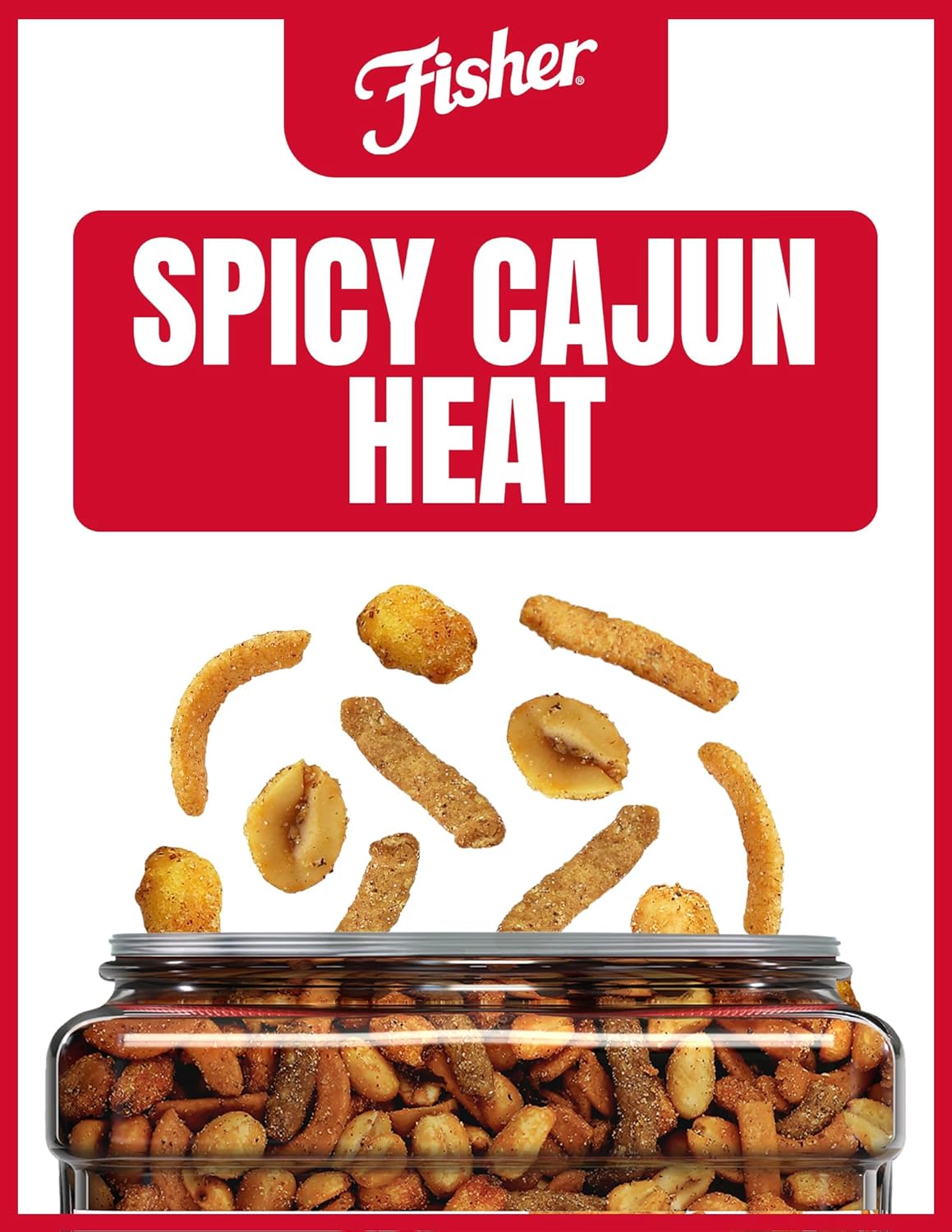 Fisher Snack Spicy Cajun Trail Mix, 29.5 oz (Pack of 1), Resealable Jar, Bold & Crunchy Snack Mix with Peanuts, Corn Nuggets, Sesame Sticks, and Corn Sticks, Mildly Spicy Party Trailmix, Snacks for Adults